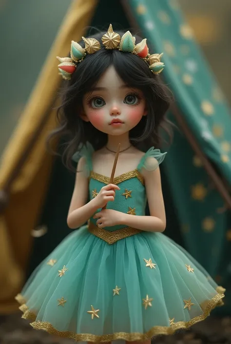 A white-eyed brown-eyed black-haired girl wearing a short turquoise and gold tutu dress and a short tent with stars and a toothpick stick in her hand