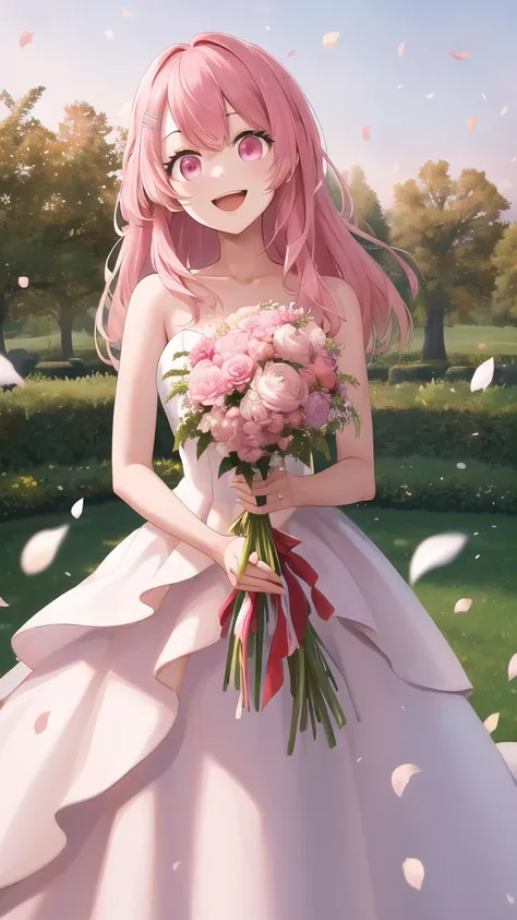 masterpiece, best quality, highres, 1girl, solo, long hair, pink hair, hairclip, bangs, pink eyes, wedding dress, standing, gard...