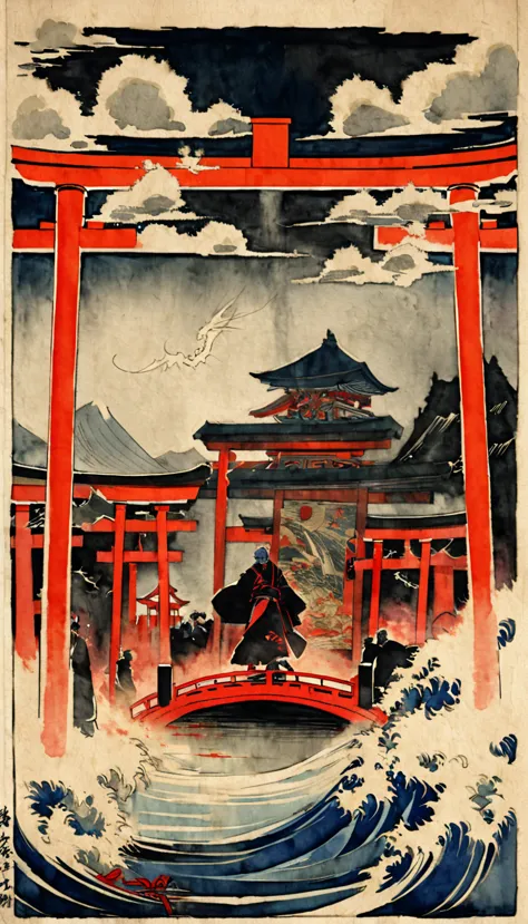 a dramatic scene of a large torii gate at a traditional shrine standing as the boundary between heaven and hell, boundaries have...