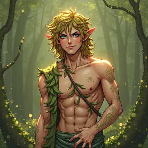 Young man, early 20s, ethereal appearance:

- Messy shoulder-length hair, autumn colors with green/gold streaks
- Piercing eyes, color-changing, often emerald green
- Slightly pointed ears
- Skin with subtle glow like filtered sunlight
- Lean, athletic bui...