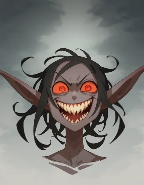 score_9, score_8_up, score_7_up, anime screenshot,  looking at the viewer , 1demon ,  demonic creature ,  scary smile ,  sharp teeth ,  humanoid demon , black demon ,  red eyes,  narrow sharp pupils,  long sharp ragas 