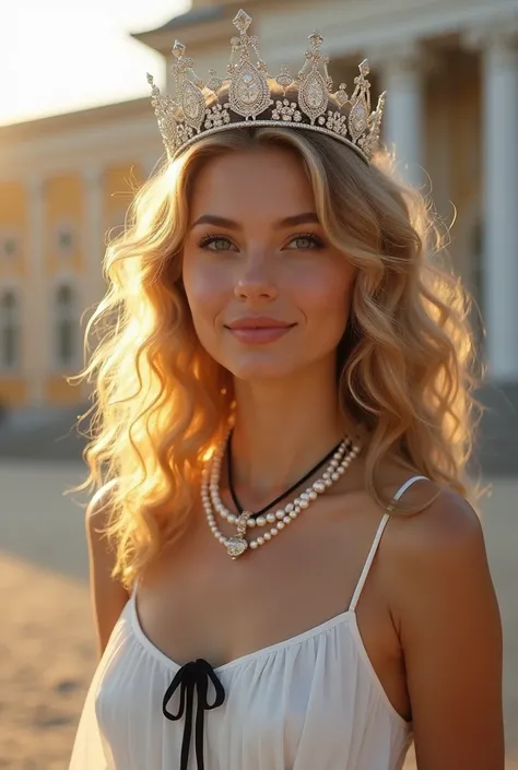  You can create a very beautiful Russian princess from Krasnodar with her golden hair and half curly in the background of her palace and that you can barely see the word Krasnodar in Russian,  with a white pearl necklace with a white dress with a black rib...