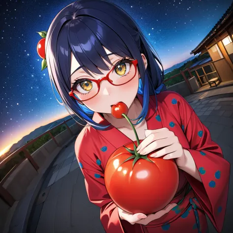 (best masterpiece, high resolution:1.5), (8K, RAW photo, fisheye effect, perfect anatomy, golden ratio, full figure:1.3), professional photo, pointillism, gaze, lone Japanese idol, ( Real: 0.5), (Eating a very small tomato: 1.5), (Tomato pattern, red yukat...