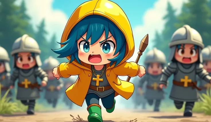 Blue haired chibi girl in a yellow hooded raincoat. With a wooden cross necklace, green rain boots and wooden shepards staff. In mid run action charging towards viewer with an angry expression and cartoon pepes running behind her in templar knight armor ho...