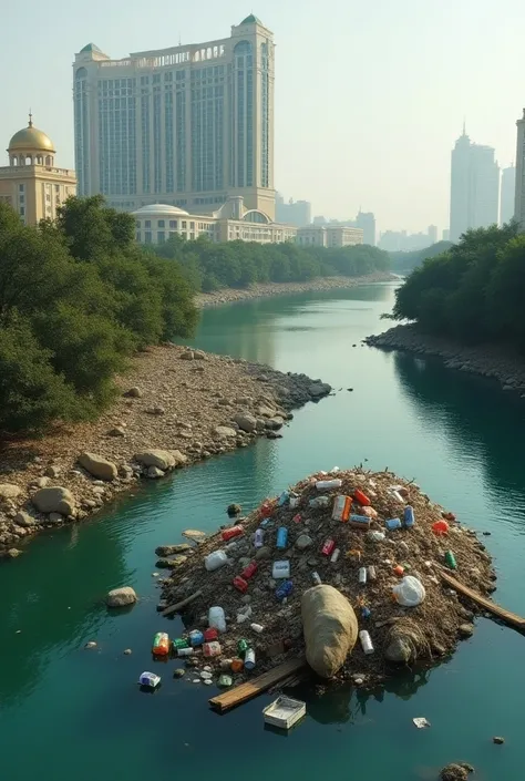  river in a hotel , An island created by piling up garbage in the middle of the river,Trash 