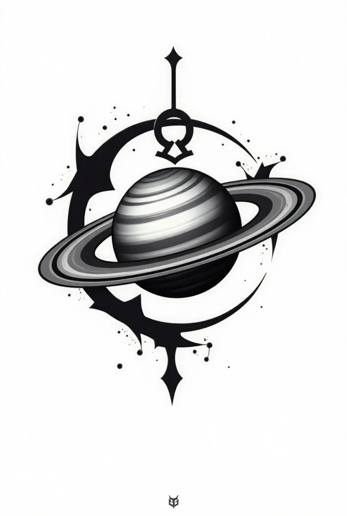 Create me a tattoo of Saturn that includes the Sagittarius sign in black and white 