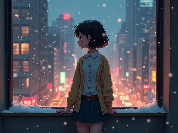 City pop 80s style, A teenage girl dressing with casual school uniform. the snow falling down while she stand at the window watching them 