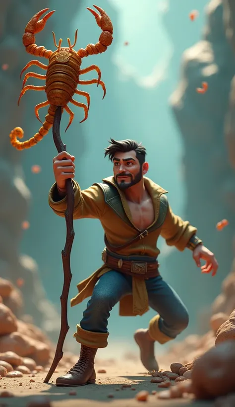 The man has a stick and on top of the stick is a scorpion 3d animated 