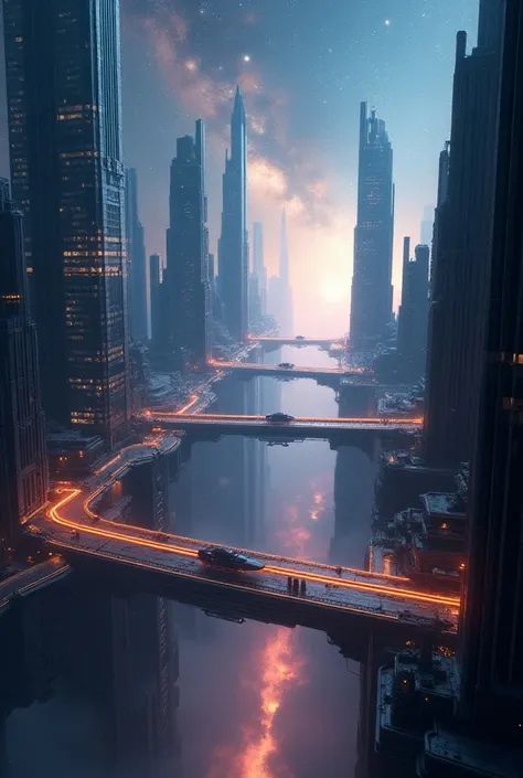 Establishing wide: A breathtaking view of a floating city suspended among stars and distant galaxies. Towering skyscrapers with sleek, modern architecture shimmer with lights, reflecting the glow of nearby celestial bodies. Spaceships glide gracefully betw...