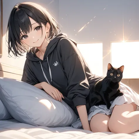 Anime、((Surprisingly bizarre )),(masterpiece:1.2),超 high definition,  Attention to Details,  high quality,  high definition, 最 high quality, 4K, 8k、A woman holding a cat,Black Cat,smile, dark eyes, Black Hair , short hair, black hoodie, white miniskirt, on...