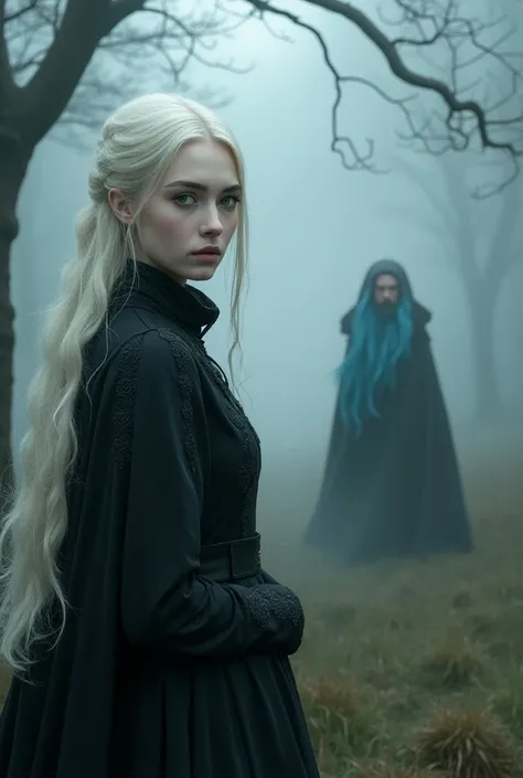 Young woman with pale skin , intense grey eyes,  her hair is an albino blonde and long ,  her clothing will be medieval in shades of black .  make her explore the valley ,  which is foggy and full of trees .  generates an old man with bright blue eyes ,  w...