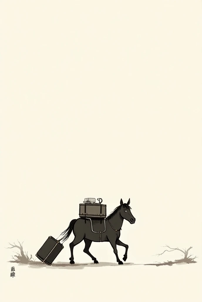 Ancient ink painting cartoon of a horse walking with luggage