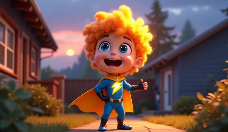 Spark is only , but he’s always ready to help others with a big smile and his amazing powers." "Spark has bright, curly hair that looks like it’s glowing—just like his personality! He wears a super cool, electric-blue hero outfit with lightning bolt patter...