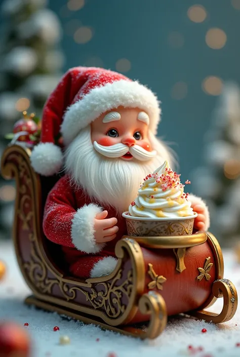 
Santa Claus doll on a sleigh 

eating a soft yogurt ice cream in a paper container with toppings