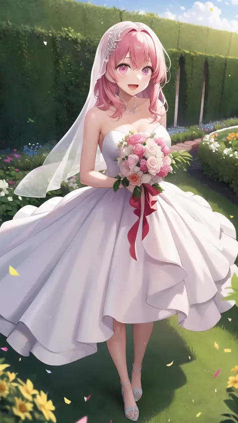 masterpiece, best quality, highres, 1girl, solo, long hair, pink hair, hairclip, bangs, pink eyes, wedding dress, standing, gard...