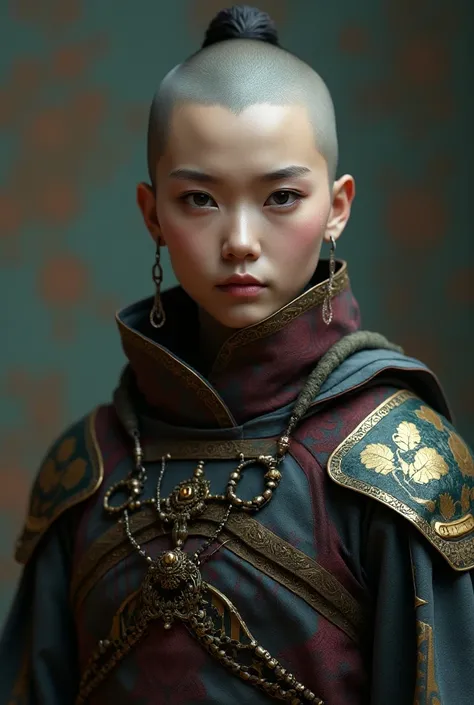 A beautiful, attractive bold & sculp no hair monk girl, a native monggol facial features, wearing cyberpunk design  complete armor, a nice & clean bold no blonde hair sculp head, treasure quality clothing color, (wearing a native monggol cold multi color c...