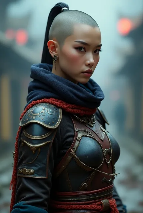 A beautiful, attractive bold & sculp no hair monk girl, a native monggol facial features, wearing cyberpunk design  complete armor, a nice & clean bold no blonde hair sculp head, treasure quality clothing color, (wearing a native monggol cold multi color c...