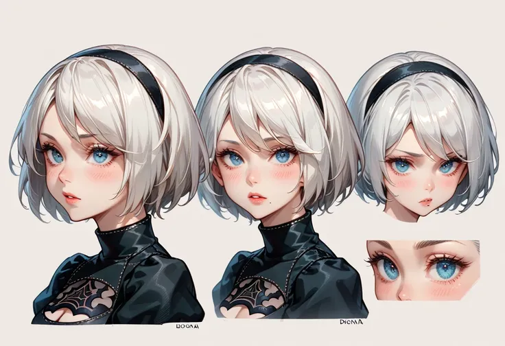 character sheet desing lady 2b from nier automata, only head. beauty face, perfect proportion, beauty, ultra detailed face. view...