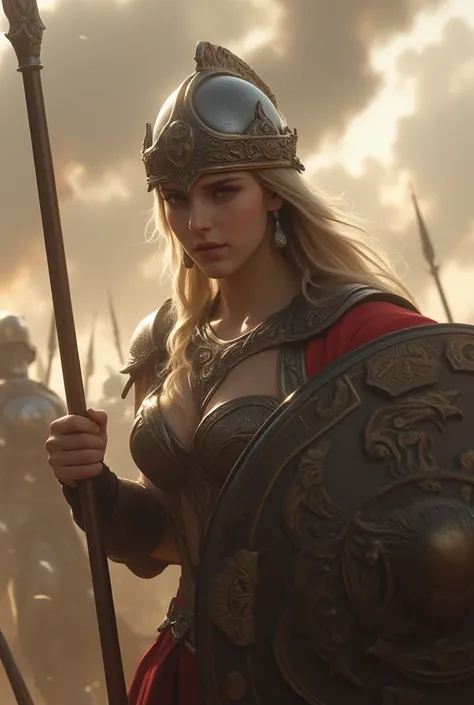 Scene description: Athena wields a spear on the battlefield, her face under the helmet is calm and resolute. Her shield is engraved with the pattern of the Gorgon, symbolizing her control over the battle.
Visual elements: The background can be a battlefiel...