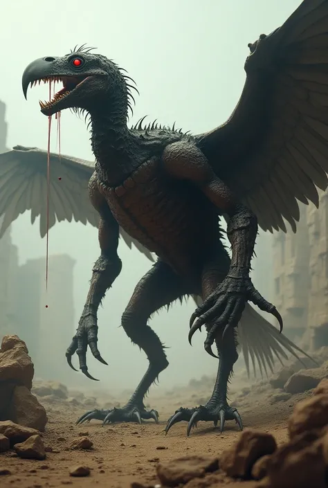 A massive scorpion fused with a vulture, with blood-red eyes and shadowy wings dripping venom in a post-apocalyptic wasteland