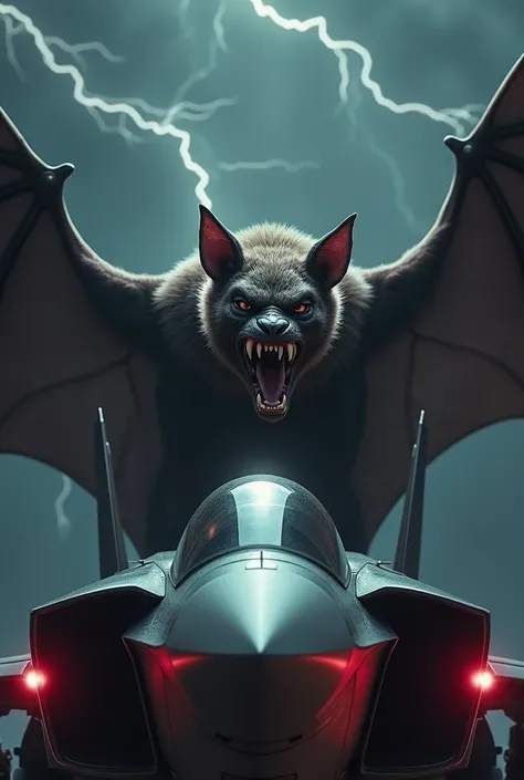 Create a detailed scene where a realistic, fierce-looking bat and a high-tech, aggressive jet face each other in a tense standoff. The bat, with an enraged expression, shows its sharp teeth and spread wings, while the jet, sleek and ominous, has an aggress...