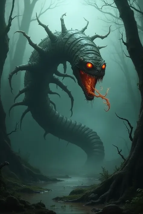 A monstrous snake fused with a centipede, its body covered in rotting armor and glowing with dark energy in a misty swamp