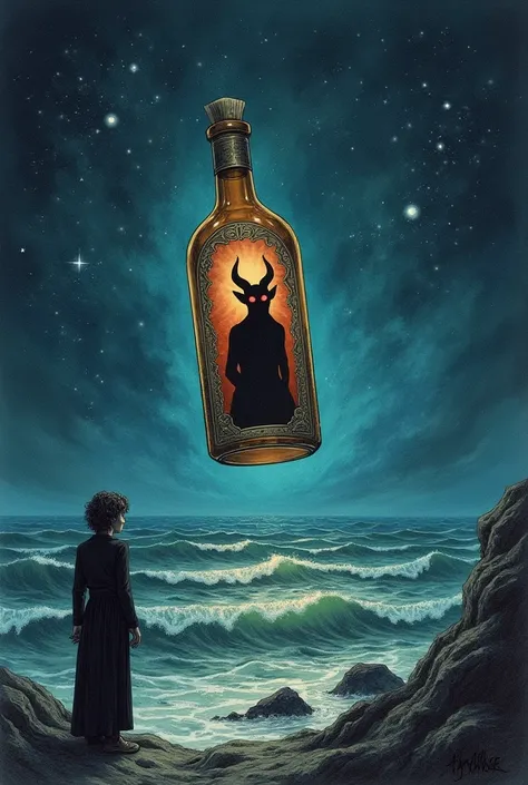 - Fund:  A starry night sky ,  with a rough sea at the bottom .
- Center :  The magic bottle ,  with an ancient and ornate design ,  floating in the air .
- Close-up: a person,  with an expression of concern and doubt ,  looking at the bottle .
 - Backgrou...