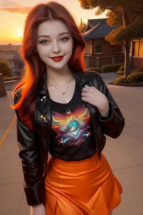 (masterpiece, The best quality:1.2), only, 1girl, mlpshimmer, Nice smile , make-up , Red lips , looking at the viewer, Crossed arms, small black jacket , Orange T-shirt , purple skirt , sunset shimmer , 21 years , beautiful teenage girl , Teenage model , t...