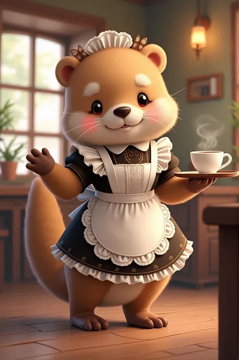 Maid，Furry，Otter， miniskirt，Coffee shop，Carrying coffee