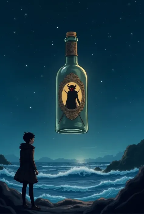 - Fund:  A starry night sky ,  with a rough sea at the bottom .
- Center :  The magic bottle ,  with an ancient and ornate design ,  floating in the air .
- Close-up: a person,  with an expression of concern and doubt ,  looking at the bottle .
 - Backgrou...