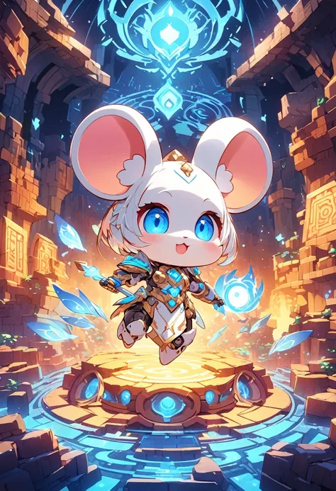 Create a stunning 2.5D digital artwork of a chibi, cute robot Mouse-warrior. The character features a predominantly white body with soft, glowing blue eyes that radiate charm. Despite its adorable design, the bunny appears to be severely disabled, showcasi...