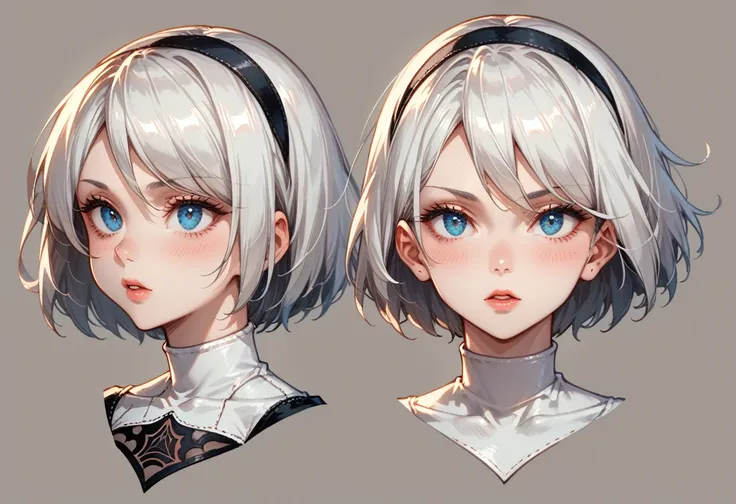 character sheet desing lady 2b from nier automata, only head. beauty face, perfect proportion, beauty, ultra detailed face. view...