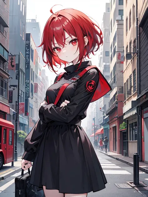 anime girl, red eyes, short messy red hair. she so kind.  happy. she spy. Background in city. wear black outfit. she agent. intimidation