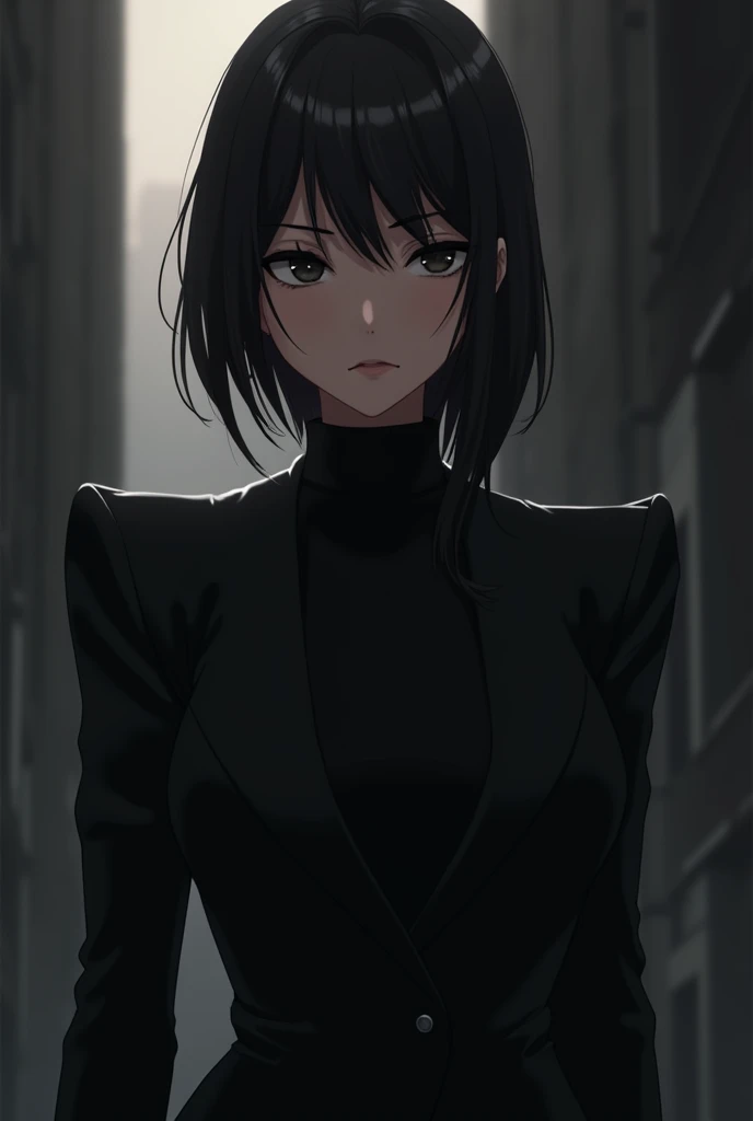 Anime female character wearing black suit