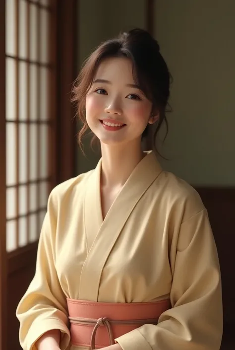 Housewife in her 30s　Smiling Kindly　Elegant　 Japanese　Eyes wide open　Hair color is natural brown