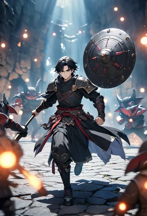 a 19 year old japanese male magic warrior,dark attribute, black hair, black eyes, average face, wielding mace in left hand and shield in right hand, wearing black hauberk, black cloak, surrounded by dark aura, asy dungeon environment, fighting goblins, ful...