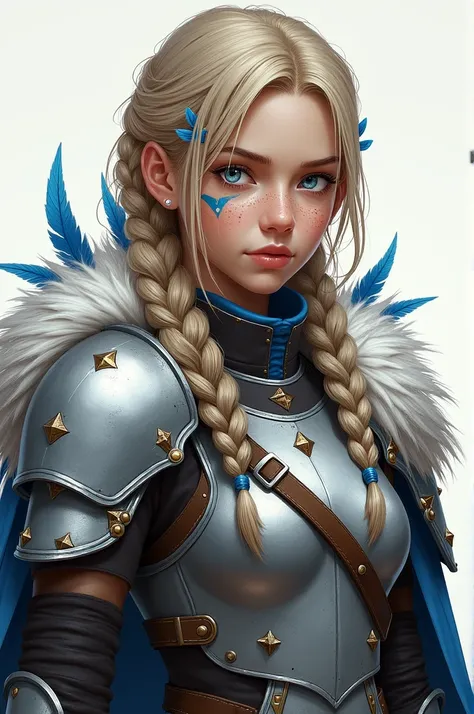 young woman, 19 years old, light metal amor with fur, small scar across lips, blue eyes, freckles, ash blond long loosly braided hair with fearhers in it, blue markings on cheeks and forehead, semi realism art style