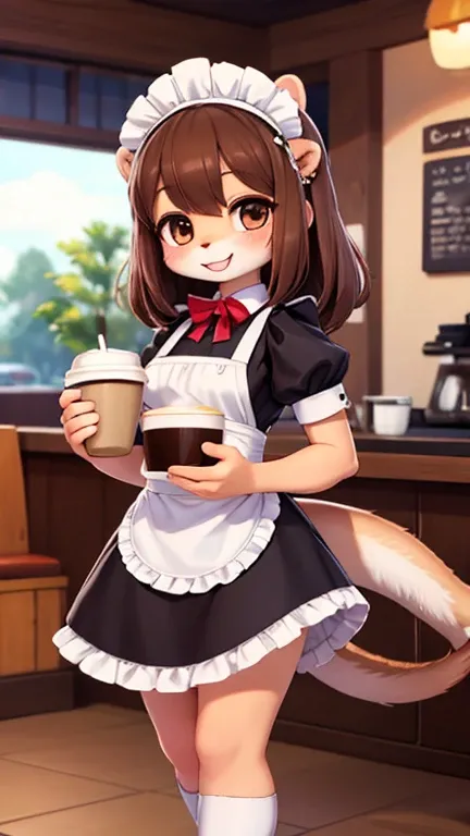 High image quality , Otter、Maid、smile，Carrying coffee，Coffee shop