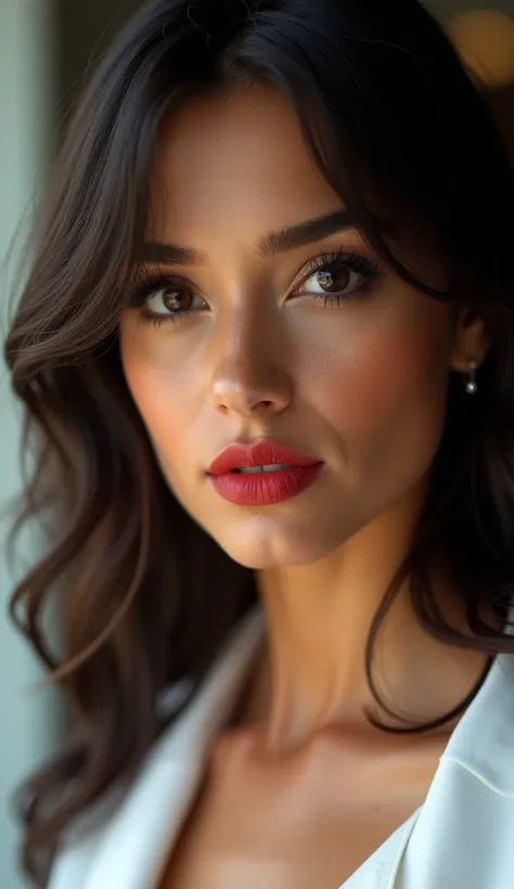 (Beautiful Latina:1.2), beautiful detailed eyes, dark red lips ,  stunning eye and face details, long eyelashes, Realistic Skin Texture,  blurry background, vivid colors, white clothes.
