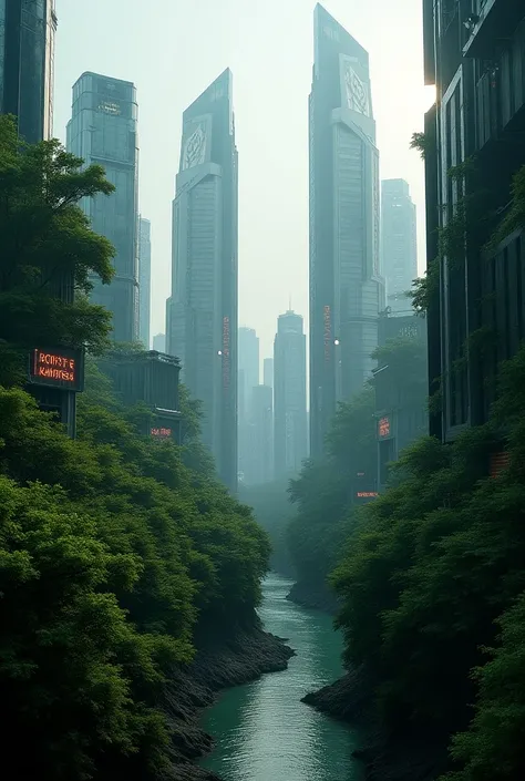 Picture a futuristic background of Daejeon and , cyberpunk with a harmony of buildings and forests, and a dark background with the water of a river in the city