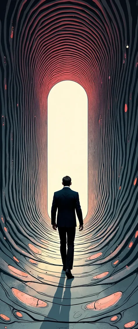 (masterpiece:1.2,EXCEPTIONAL QUALITY ,Mirror finish,  cinematic experience  , Best illustrations :2.0,Super detailed.2.0),8k,wallpaper,( A man in a suit walks through a twisted round tube:2.0),(A different dimensional portal opens at the end of the tube :2...