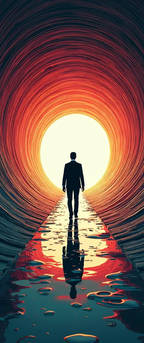 (masterpiece:1.2,EXCEPTIONAL QUALITY ,Mirror finish,  cinematic experience  , Best illustrations :2.0,Super detailed.2.0),8k,wallpaper,( A man in a suit walks through a twisted round tube:2.0),(A different dimensional portal opens at the end of the tube :2...