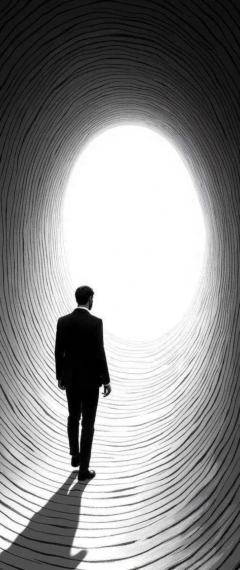 (masterpiece:1.2,EXCEPTIONAL QUALITY ,Mirror finish,  cinematic experience  , Best illustrations :2.0,Super detailed.2.0),8k,wallpaper,( A man in a suit walks through a twisted round tube:2.0),(A different dimensional portal opens at the end of the tube :2...