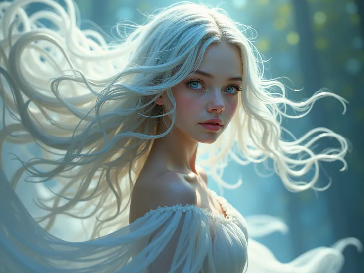 A young goddess with flowing, ethereal hair that shimmers with various shades of blue and white, resembling the sky. Her eyes are a swirling mix of silver and light blue, reflecting the ever-changing nature of the wind. Her skin is pale with a slight iride...