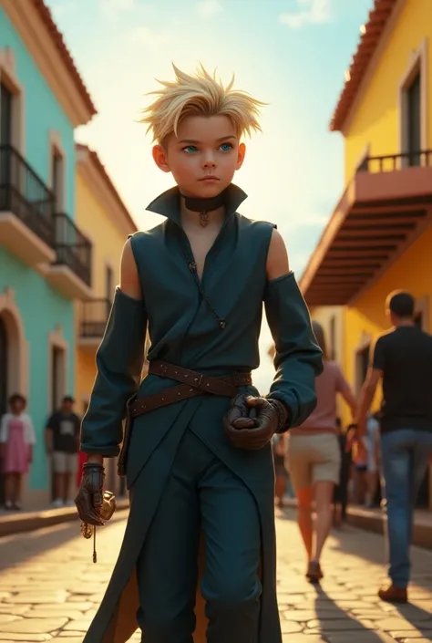 prompt: " A young ninja with pointed blond hair ,  bright blue eyes ,  dressed in a modern outfit inspired by ninja costumes ,  but with unique and formal details .  He is walking down a colonial street in Santo Domingo , Dominican Republic, During the aft...