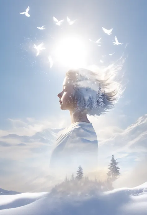 double exposure ，angelic,  detailed half-body silhouette of a girl,  volumetric lighting , level flight，asahi,  merges with snow...