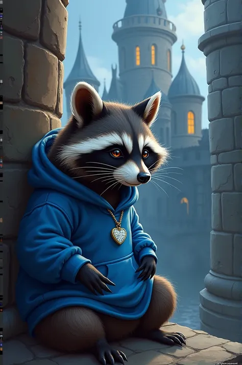 Create an image of a raccoon wearing a blue sweatshirt and diamond heart necklace next to a medieval castle in the style of a 1980 movie in the dark fantasy style