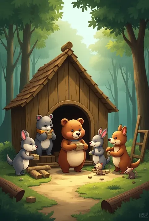 Marsha, bear, wolf, dog, rabbit, mouse, and other try to build the home wood with tool