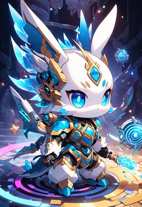 Create a stunning 2.5D digital artwork of a chibi, cute robot Dragon-warrior. The character features a predominantly white body with soft, glowing blue eyes that radiate charm. Despite its adorable design, the bunny appears to be severely disabled, showcas...