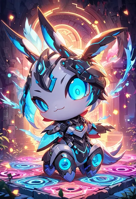 Create a stunning 2.5D digital artwork of a chibi, cute robot Dragon-warrior. The character features a predominantly white body with soft, glowing blue eyes that radiate charm. Despite its adorable design, the bunny appears to be severely disabled, showcas...